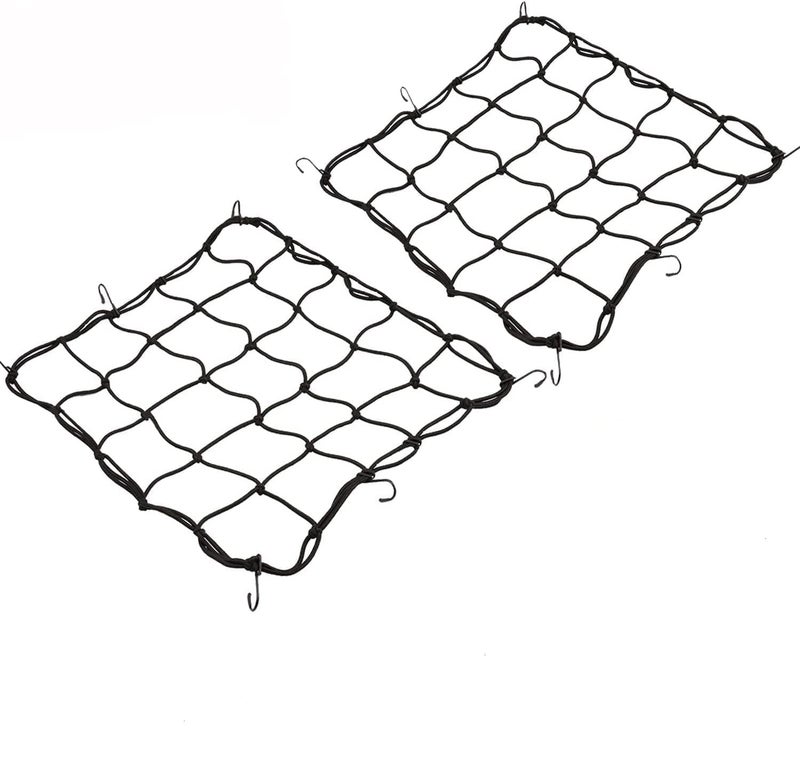 Reliancer 2 Pack of 15.7"x15.7" Bungee Cargo Net Stretches to 30"x30" Elastic Motorcycle Luggage Bungee Netting with 12 Metal Hooks Stretchable Bungee Cord Mesh Load Net Bike Paddle Board Quad Canoe Moped ATV - Image 1